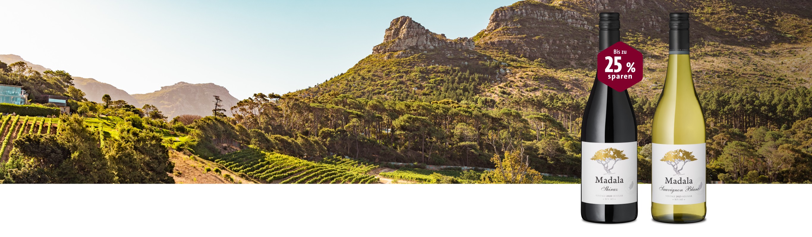 Phönix. Südafrika Madala Weine: Rotwein und Weißwein in Landschaft.