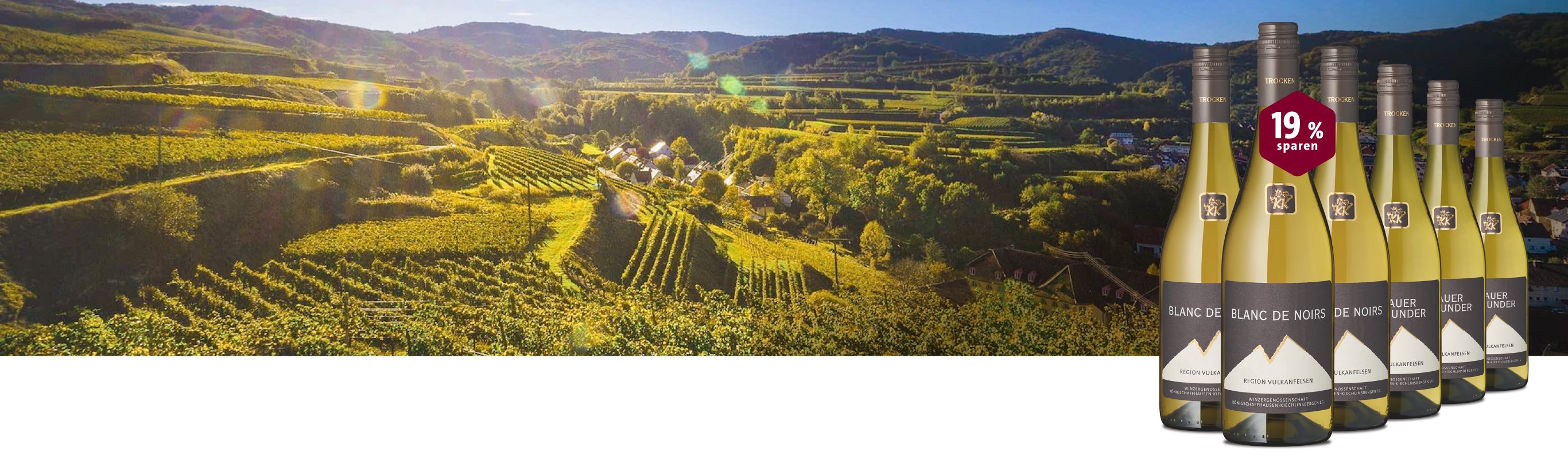 Königliches vom Kaiserstuhl Wein Blanc de Noirs mit Rabatt, Weinberg im Hintergrund