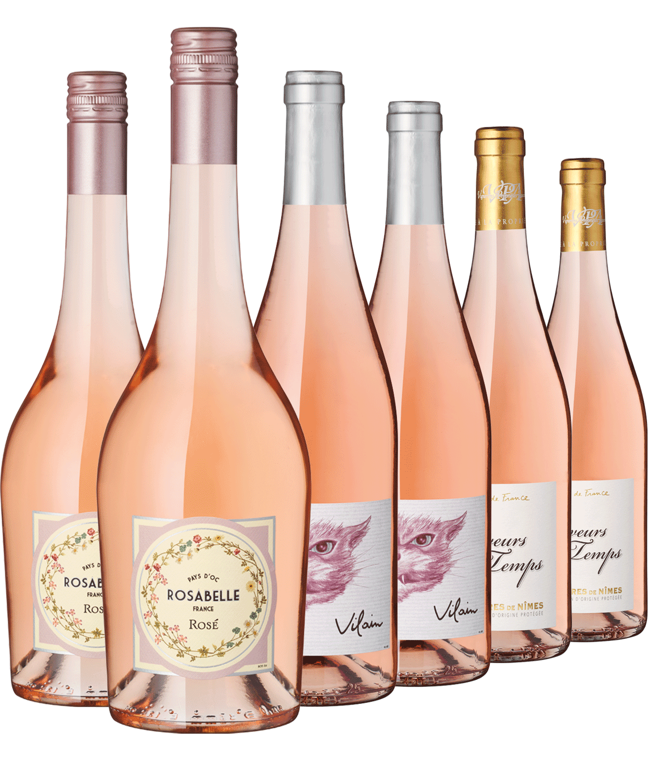 6er Paket Rosarote Brille Rosé Wein-Flaschen, verschiedene Marken und Typen.