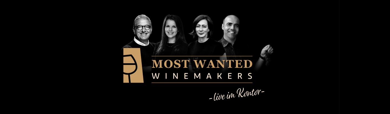 4 Winzer auf schwarzem Hintergrund mit Logo Most Wanted Winmakers live im Kontor