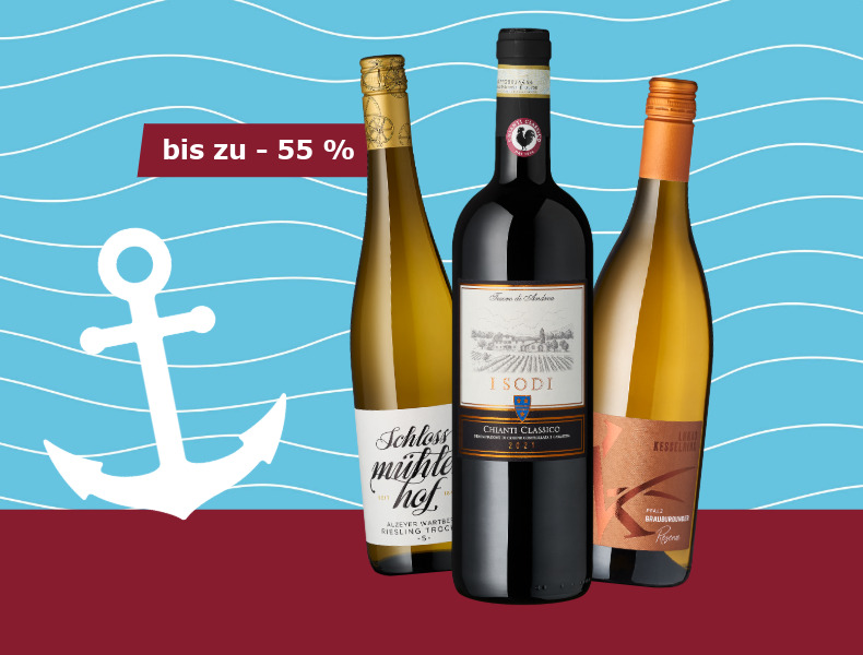 Klabautertage Visual mit blauer Welle, weißem Anker drei Weinflaschen und 55% Rabatt Störer