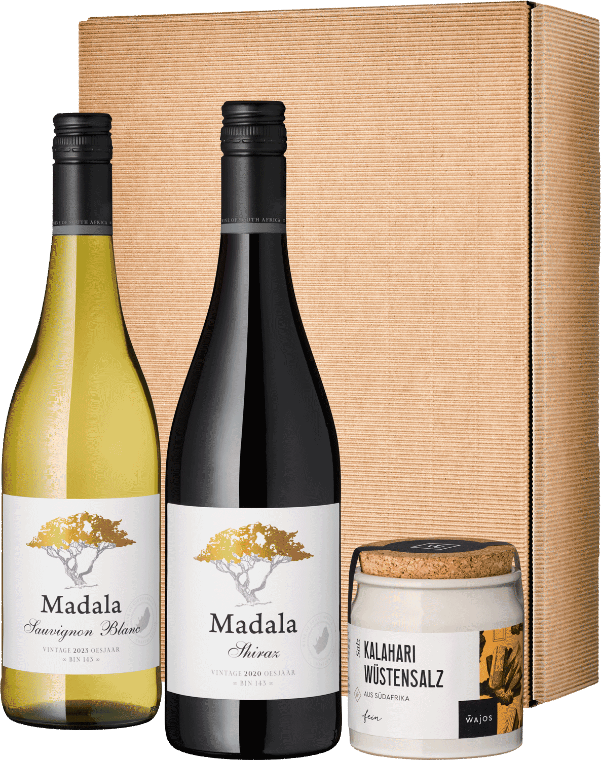Geschenk Savannah Sunset Geschenkset Madala Wein mit Kalahari Wüstensalz