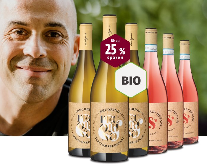 Bio-Weinangebot mit Rabatt und lächelndem Mann