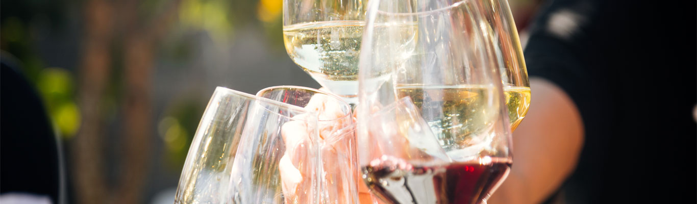 Sommer Drinks Weingläser mit Rot-, Weiß- und Schaumwein, Anstoßen, Feier