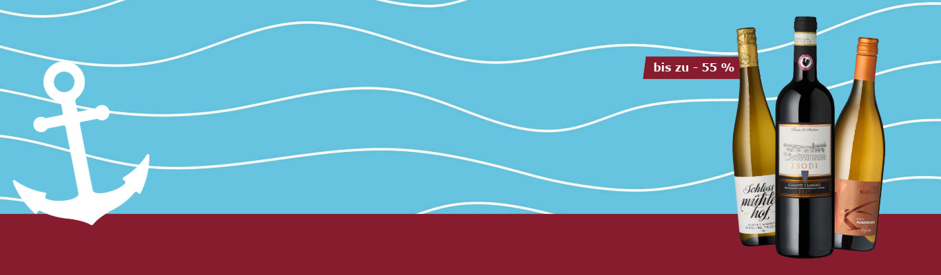 Klabautertage Visual mit blauer Welle, weißem Anker drei Weinflaschen und 55% Rabatt Störer