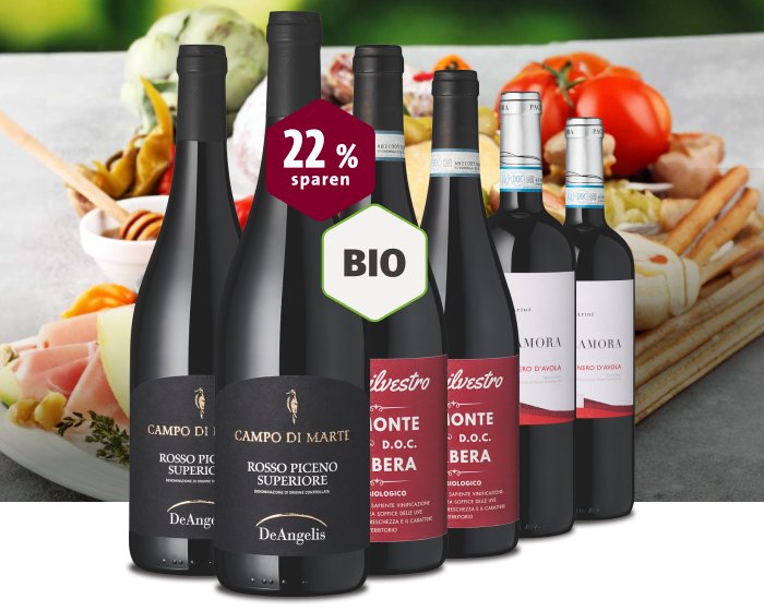 Weine-Paket: Rotwein, Bio, 22% Rabatt mit Antipasti-Arrangement