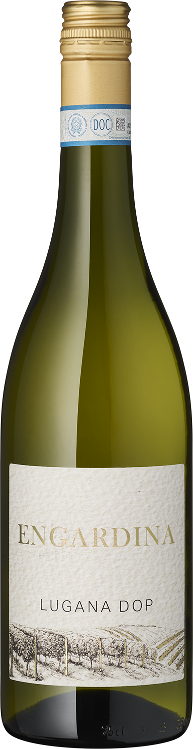 Engardina Lugana DOP Weißwein Flasche, Nahaufnahme, grün, Gold