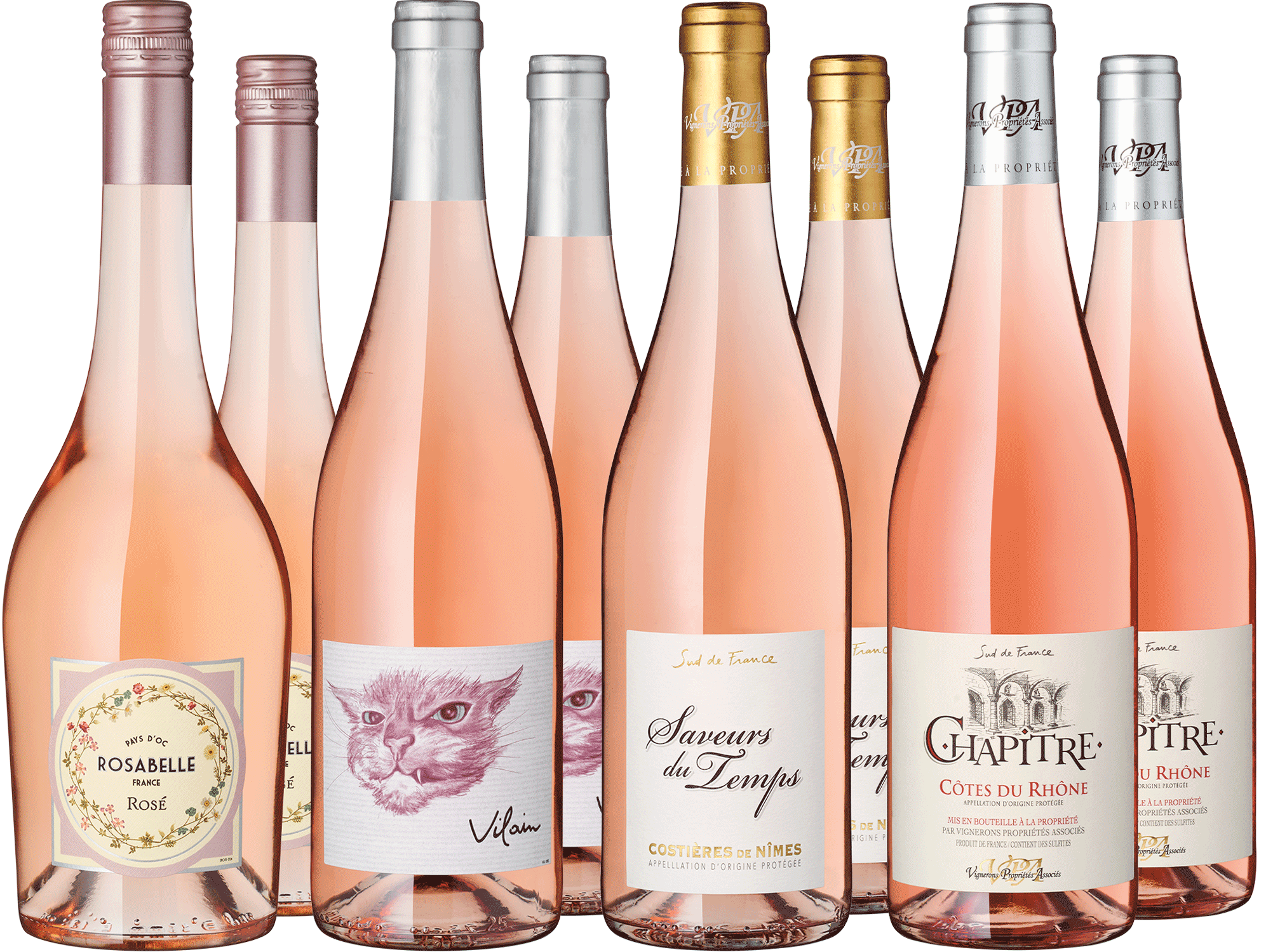 8er Paket Champions du Sud Verschiedene Roséweine in Glasflaschen, Produktpräsentation im Onlineshop