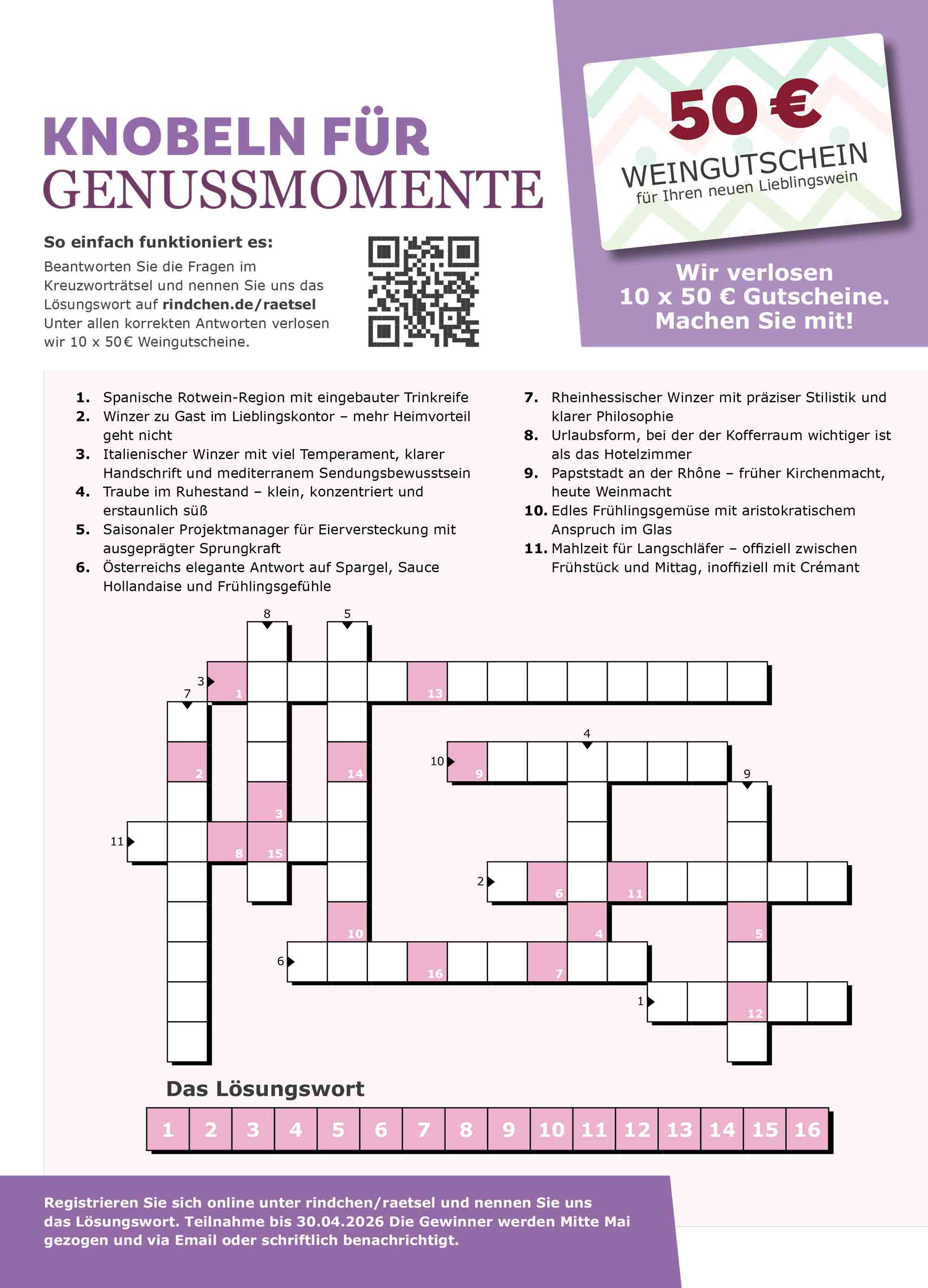Knobeln für Genussmomente, Kreuzworträtsel mit Gewinnspiel