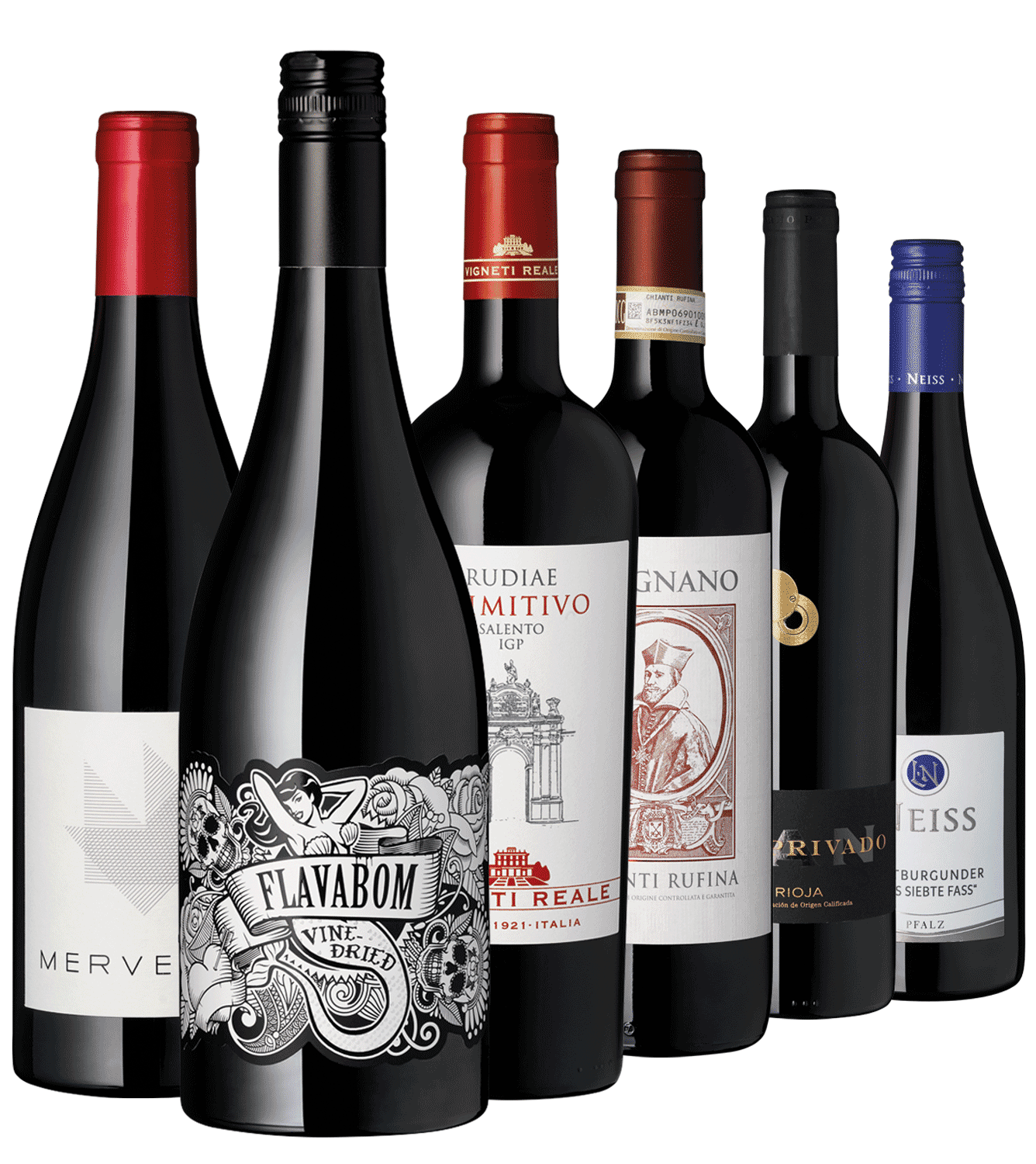 6er Paket "First Class" Wein-Kollektion: Verschiedene Rotweinflaschen im Online-Shop