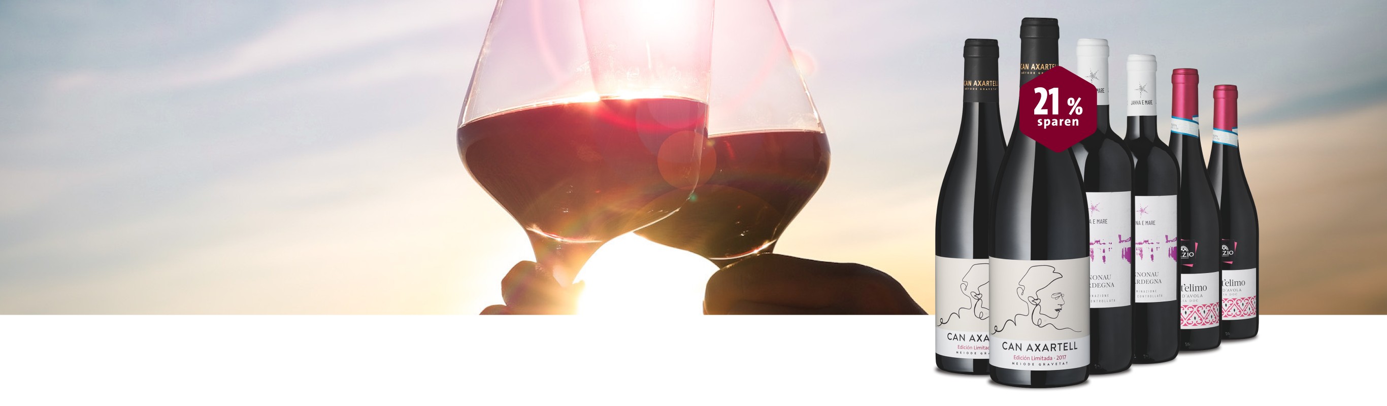 Reif von der Insel Rotwein-Wein-Ensemble: Genuss mit 21% Rabatt, Sonnenuntergang.