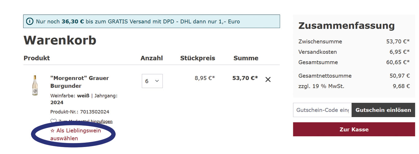Screenshot Warenkorb mit Kreis um "Als Lieblingswein auswählen"