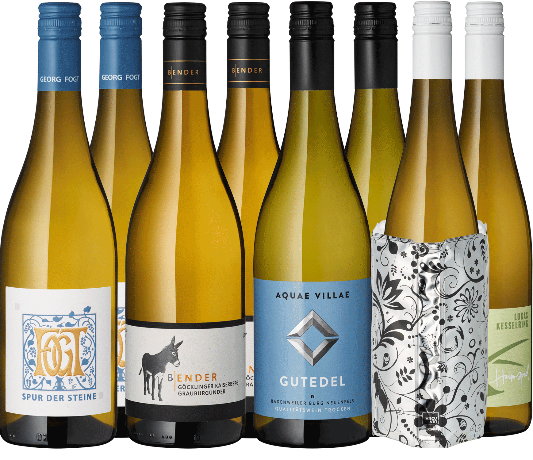 8 Flaschen im Paket + Kühlmanschette Weinflaschen-Ensemble verschiedener Sorten im Detail, verschiedene Winzer