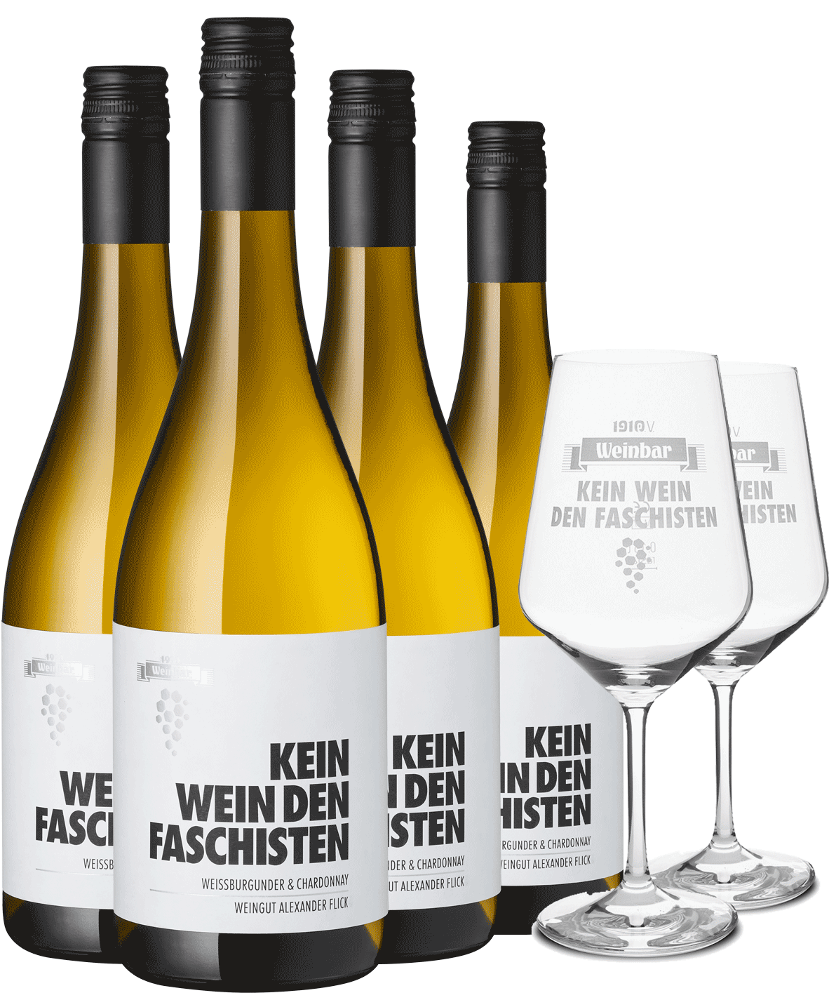 4er Paket "Kein Wein den Faschisten" Weißburgunder & Chardonnay + Gläser