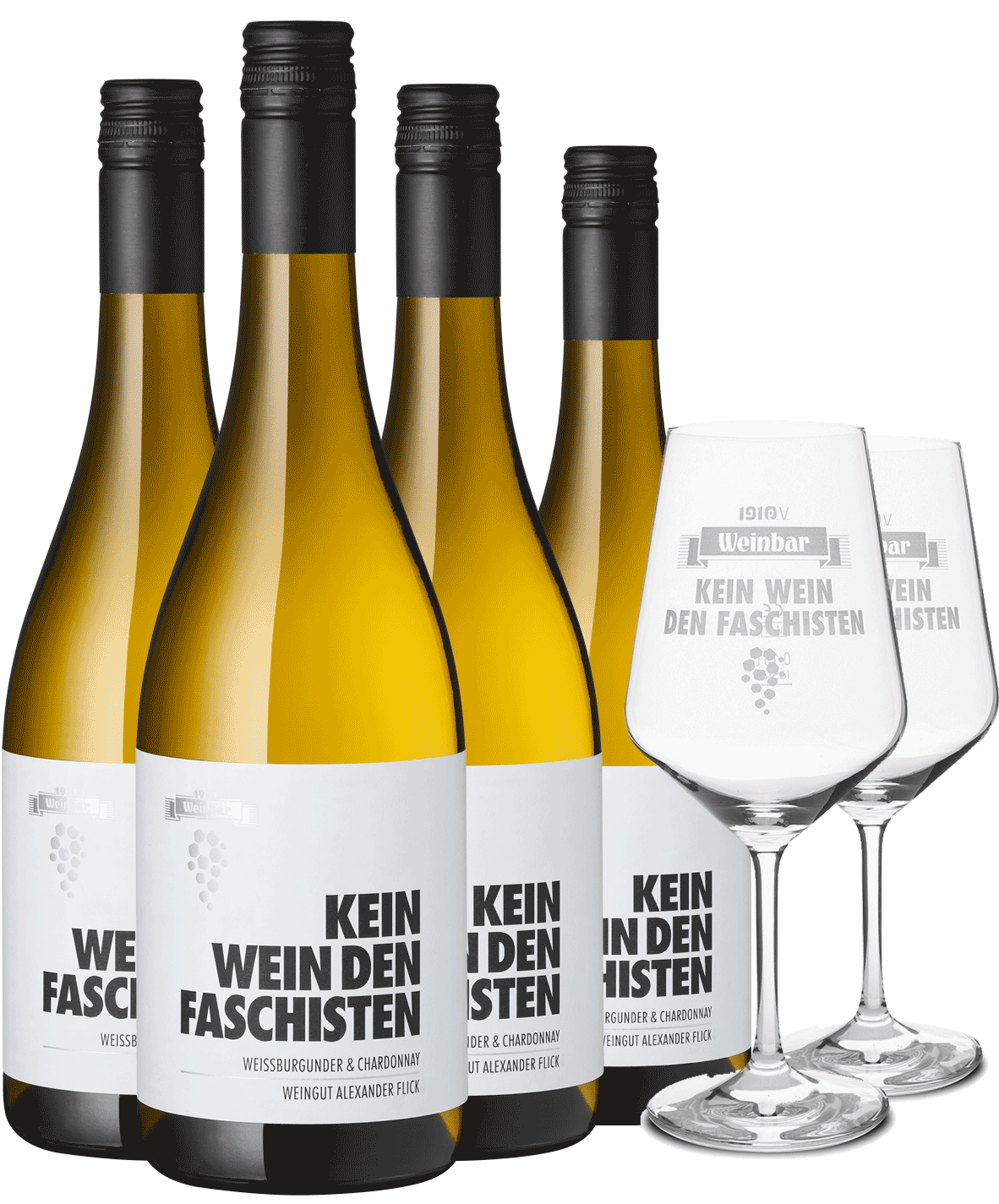 4er "Kein Wein den Faschisten" Weißburgunder & Chardonnay + Gläser Weinflaschen und Gläser, "Kein Wein den Faschisten"