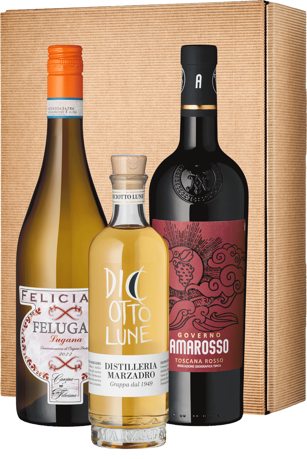 Il Menu Grande Wein-Geschenkbox mit Weißwein, Grappa und Rotwein.