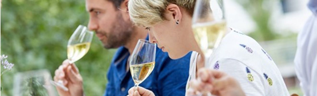 Weinverkostung mit Weißwein im Freien