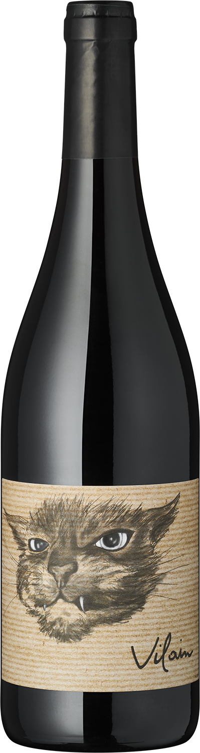 "Vilain" Syrah & Grenache Weinflasche mit Katzendesign und dem Schriftzug "Vilain"