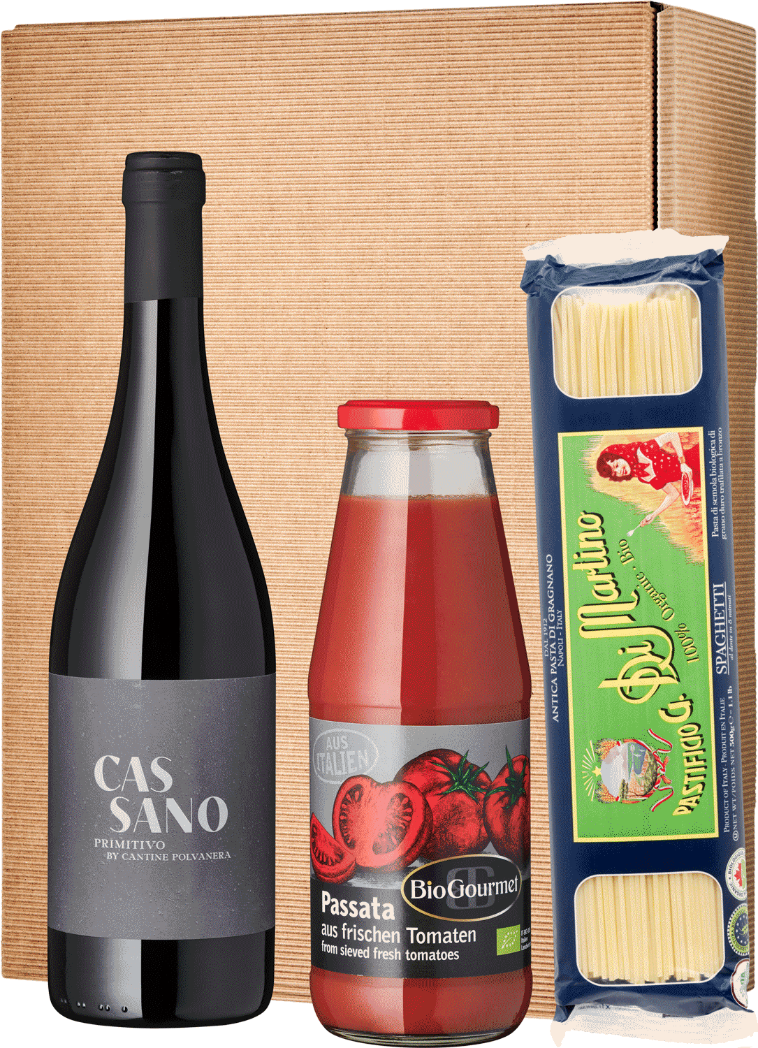 Pasta e Basta Wein- und Pasta-Geschenkset mit Primitivo, Tomaten, Spaghetti
