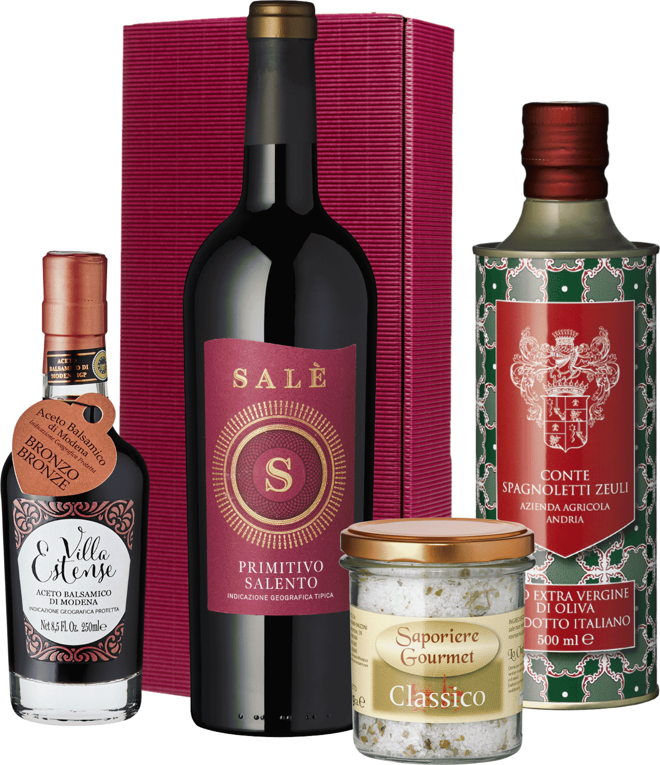Spätsommerfreuden Geschenkset mit Wein, Balsamico, Olivenöl und Salz