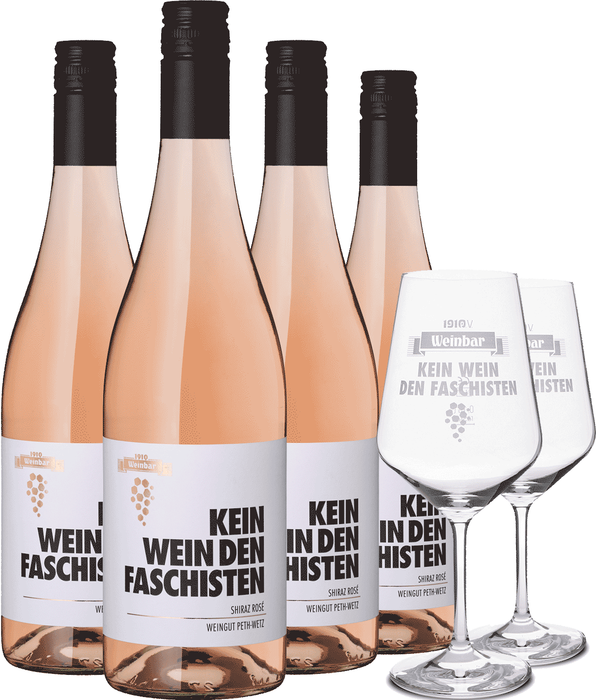 4er "Kein Wein den Faschisten" Rosé + Gläser Weinbar Shiraz Rosé Wein mit Gläsern im Set