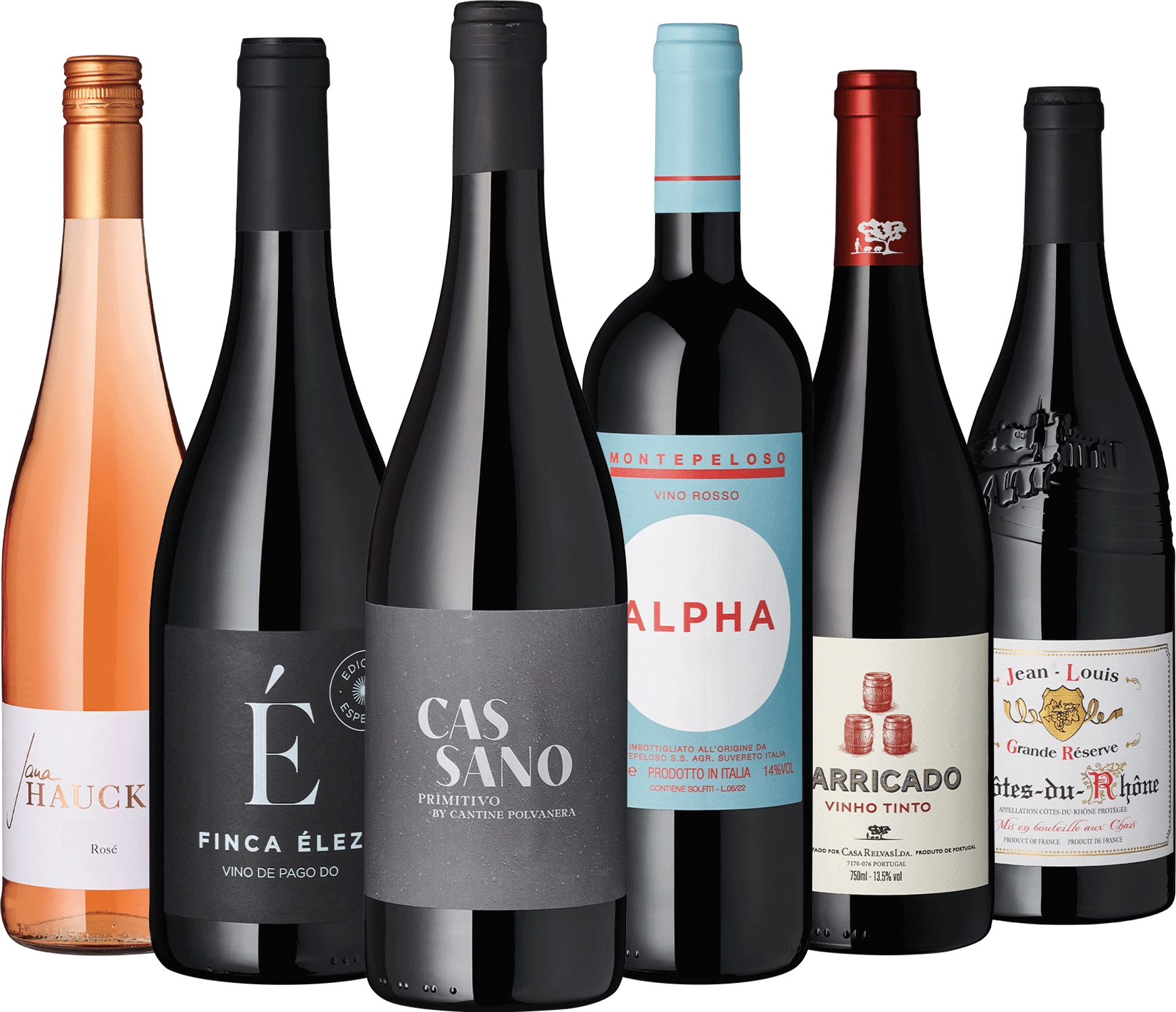 Auswahl an Weinflaschen, verschiedene Weinsorten im Angebot