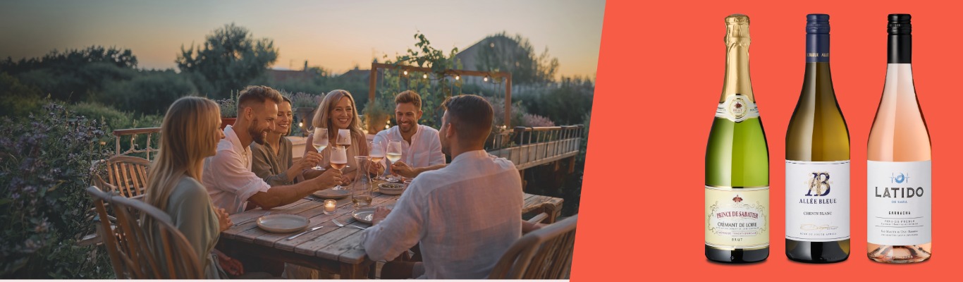 Freunde bei Sonnenuntergang und 3 Terrassenweine