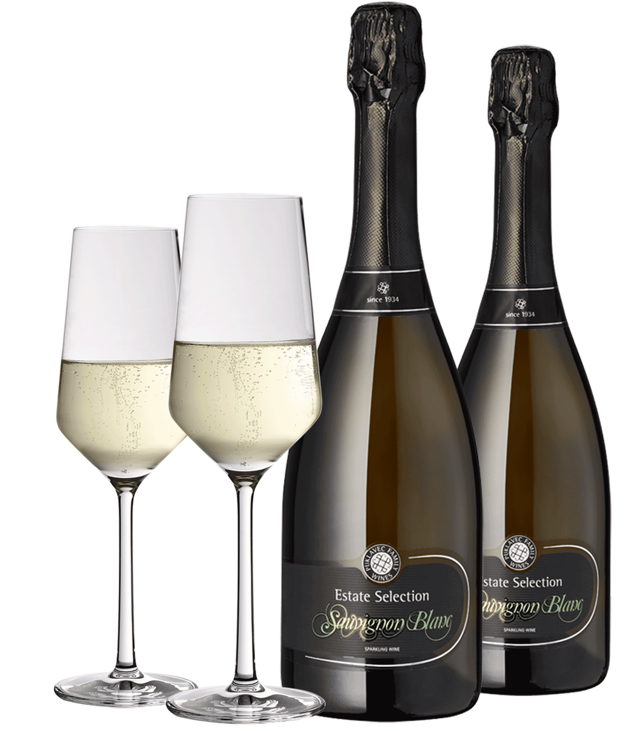 "Sekt plus Gläser" Zwei Sauvignon Blanc Sektflaschen und Gläser