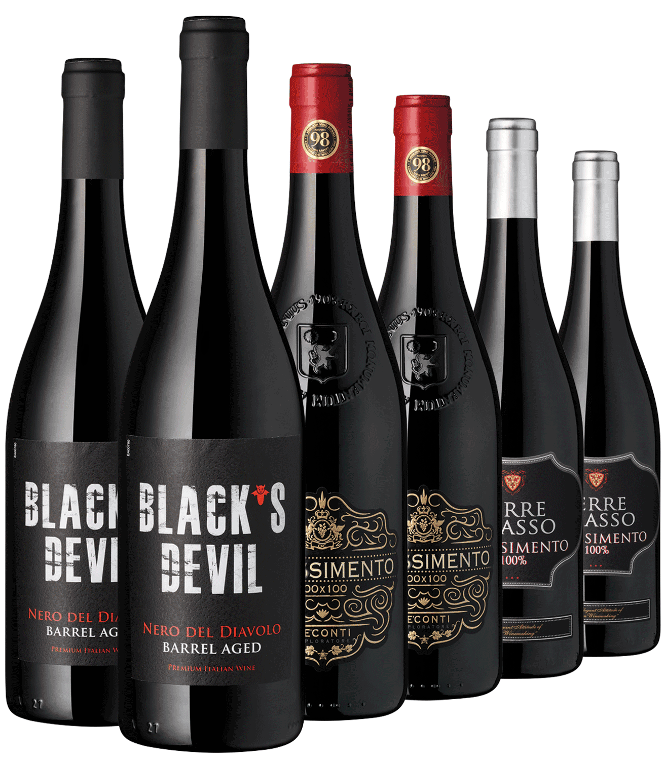 Wein-Set aus verschiedenen italienischen Rotweinen, Flaschenansicht