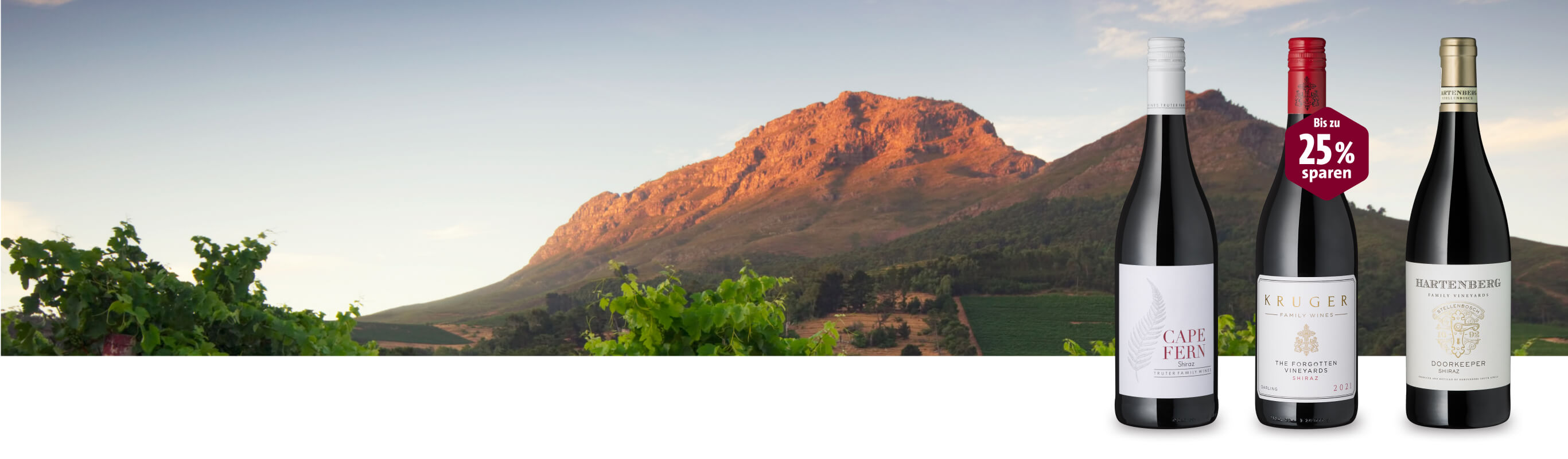 Neue Heimat Süd Wein Angebote mit Landschaft im Hintergrund.