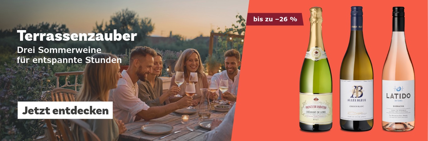 Freunde bei Sonnenuntergang und 3 Terrassenweine
