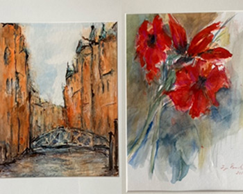 Kontor Eppendorf: Ausstellung von Inge Ramcke Gemälde, Aquarell, Kunst, Dekoration, Weinshop